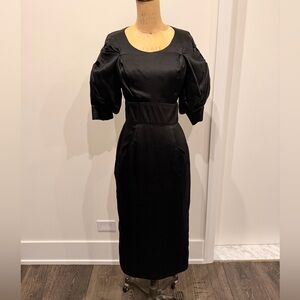 Givenchy Black Silk Satin Midi Dress with Puff Sleeves
